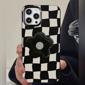 DONATED🚫 Black & White Checker Pattern Phone Case With Floral Holder